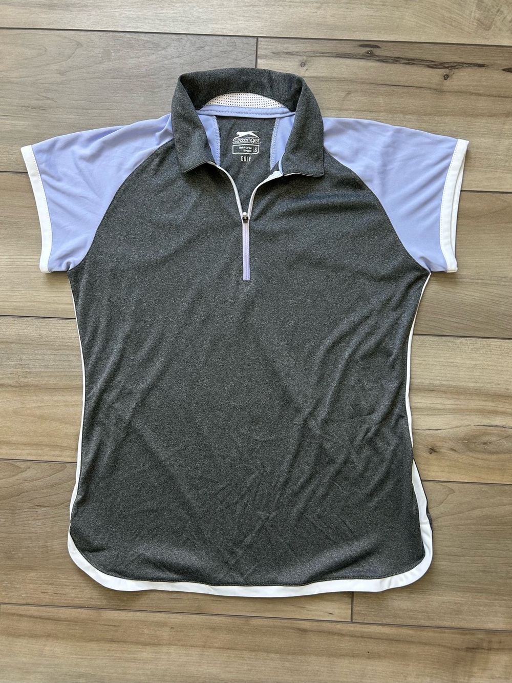 Slazenger Women’s Charcoal Heather Golf Polo with Light Lavender Sleeves